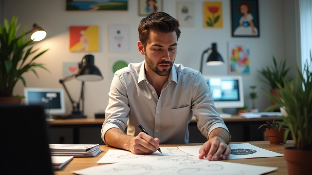 Estudio profesional de storyboarding con mesas de trabajo y materiales de diseño visual