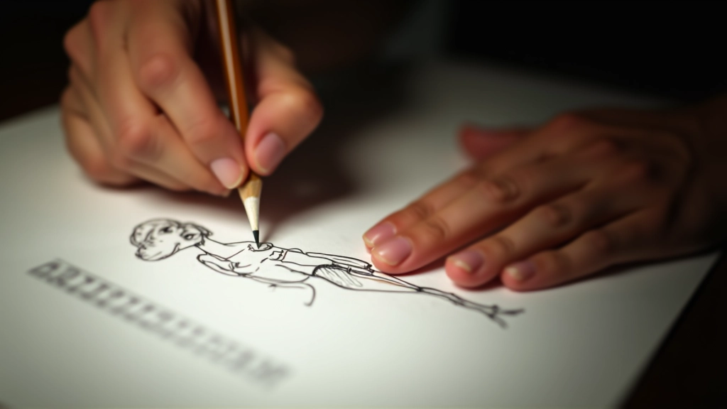 Mano de ilustrador dibujando figura humana en perspectiva sobre papel con regla de proporción