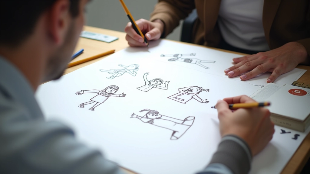 Animator sketching multiple action poses on paper with reference materials