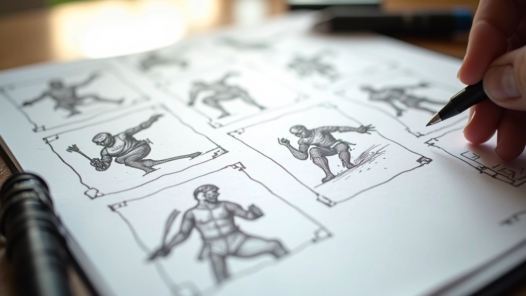 Storyboard detallado de una escena de pelea con anotaciones de timing, ángulos de cámara y transiciones entre tomas