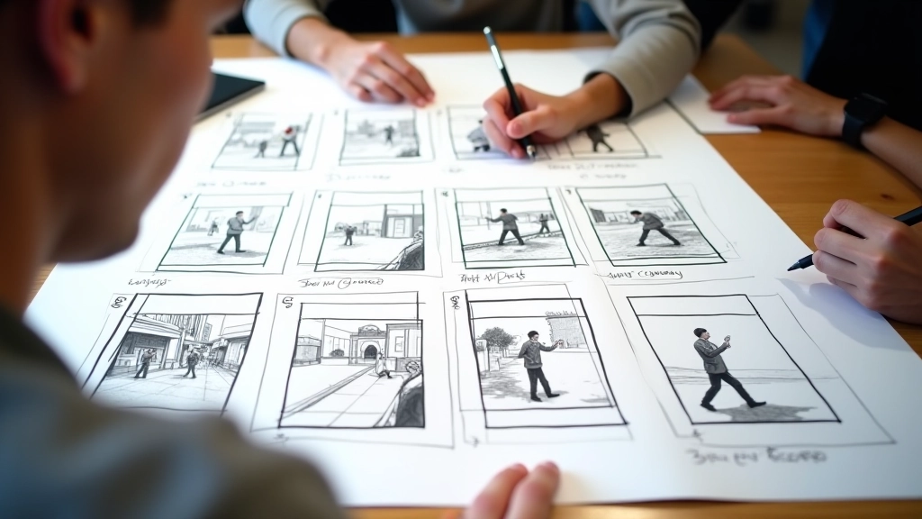 Secuencia completa de storyboard de una escena de persecución con anotaciones técnicas de cámara