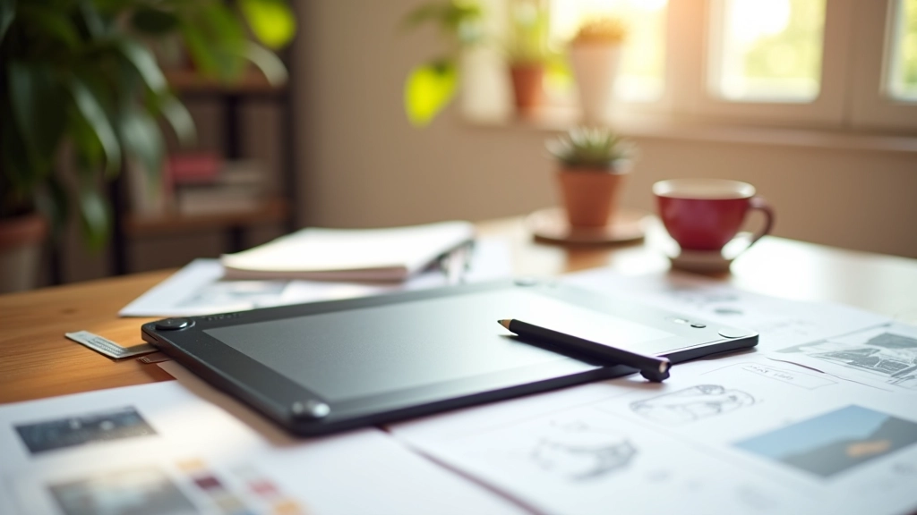 Estación de trabajo de storyboard artist con tablet gráfica, lápiz stylus, referencias visuales impresas y café, ambiente de estudio creativo