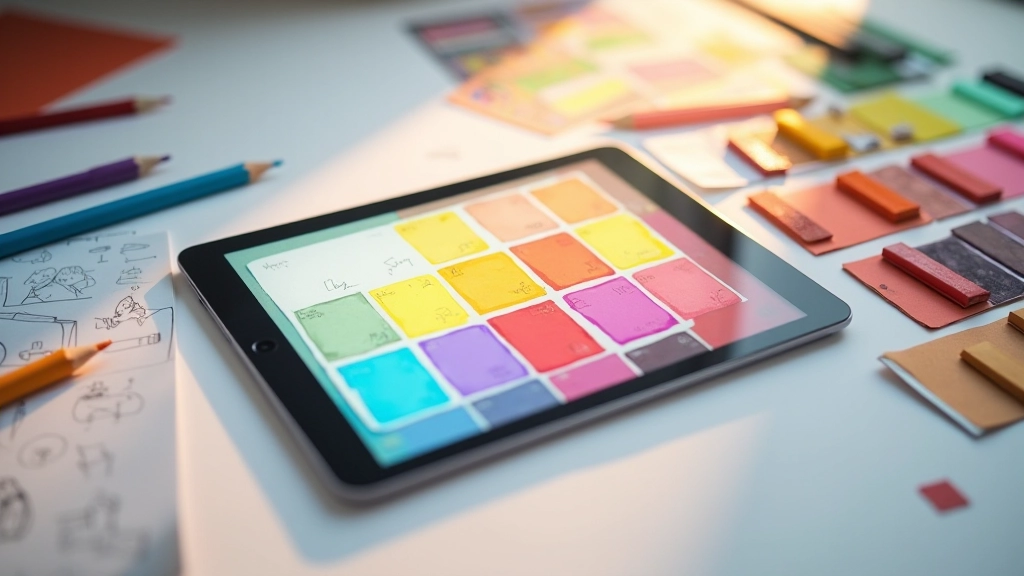 Paleta de colores digitales en pantalla junto a muestras físicas de papel para animación