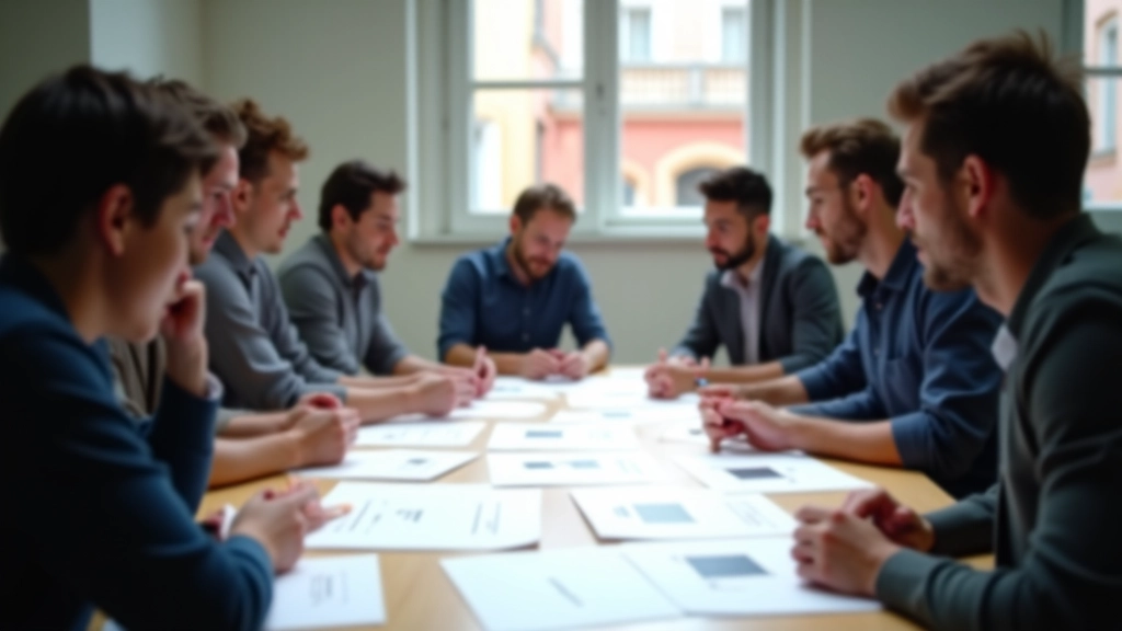 Equipo de producción discutiendo storyboards en torno a mesa, con secuencias impresas, notas y referencias de color, reunión de pre-producción