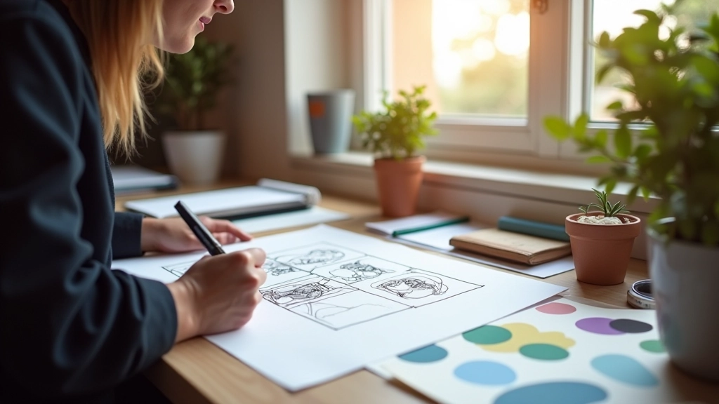 Profesional dibujando storyboard en papel, rodeado de referencias visuales y bocetos preliminares