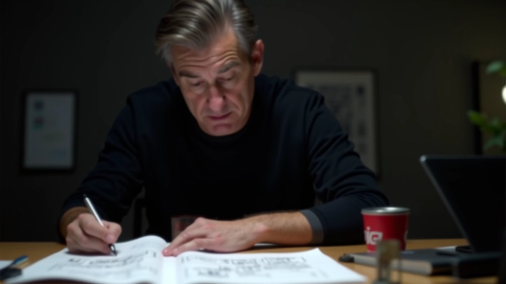 Director revisando storyboards de una secuencia de acción en un set de producción, varios sketches en la mesa