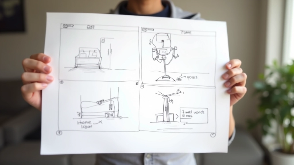 Panel de storyboard profesional con composición de plano, notas de movimiento de cámara y anotaciones de diálogos, ejemplo de formato estándar de industria