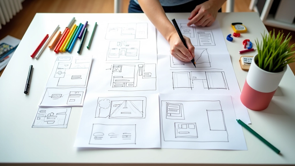 Storyboard detallado en mesa de trabajo con marcadores de colores y anotaciones manuscritas